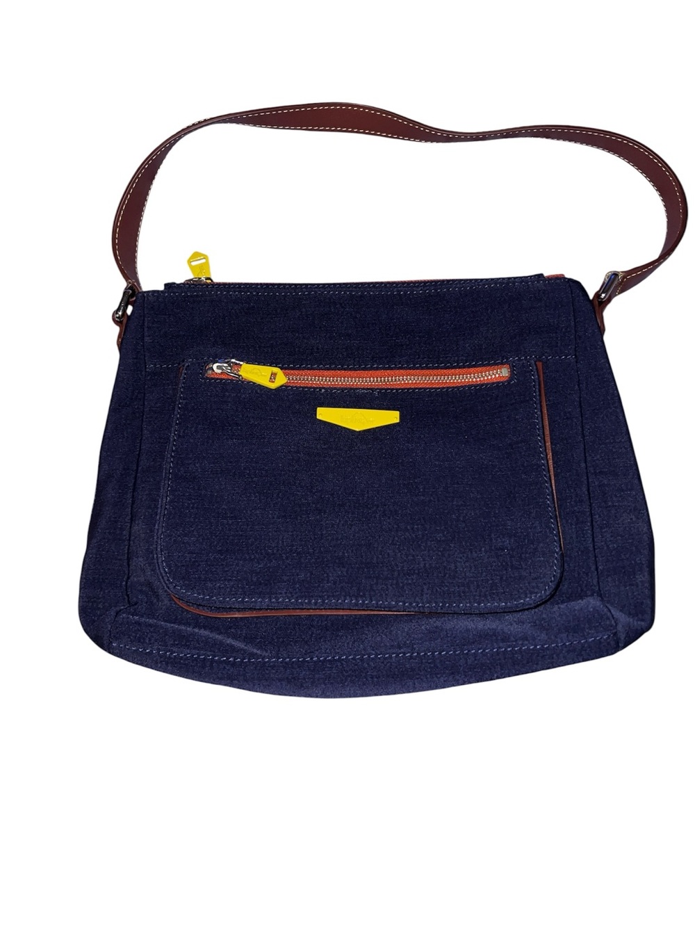 Kipling Navy Shoulder Bag with Brown Strap and Yellow Accents